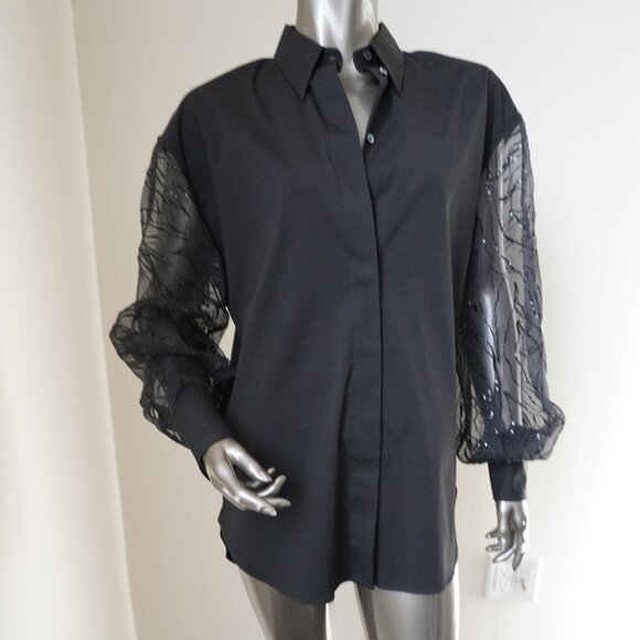Brunello Cucinelli Black Sequin Blouse Button Down Sheer Sleeves Medium New Tags - Picture 2 of 8